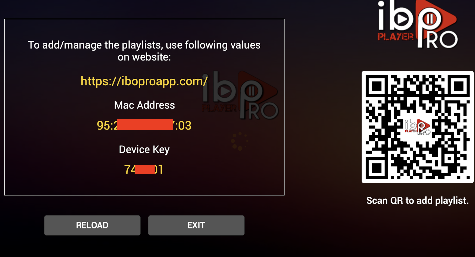 Écran IBO Player Pro montrant MAC Address et Device Key